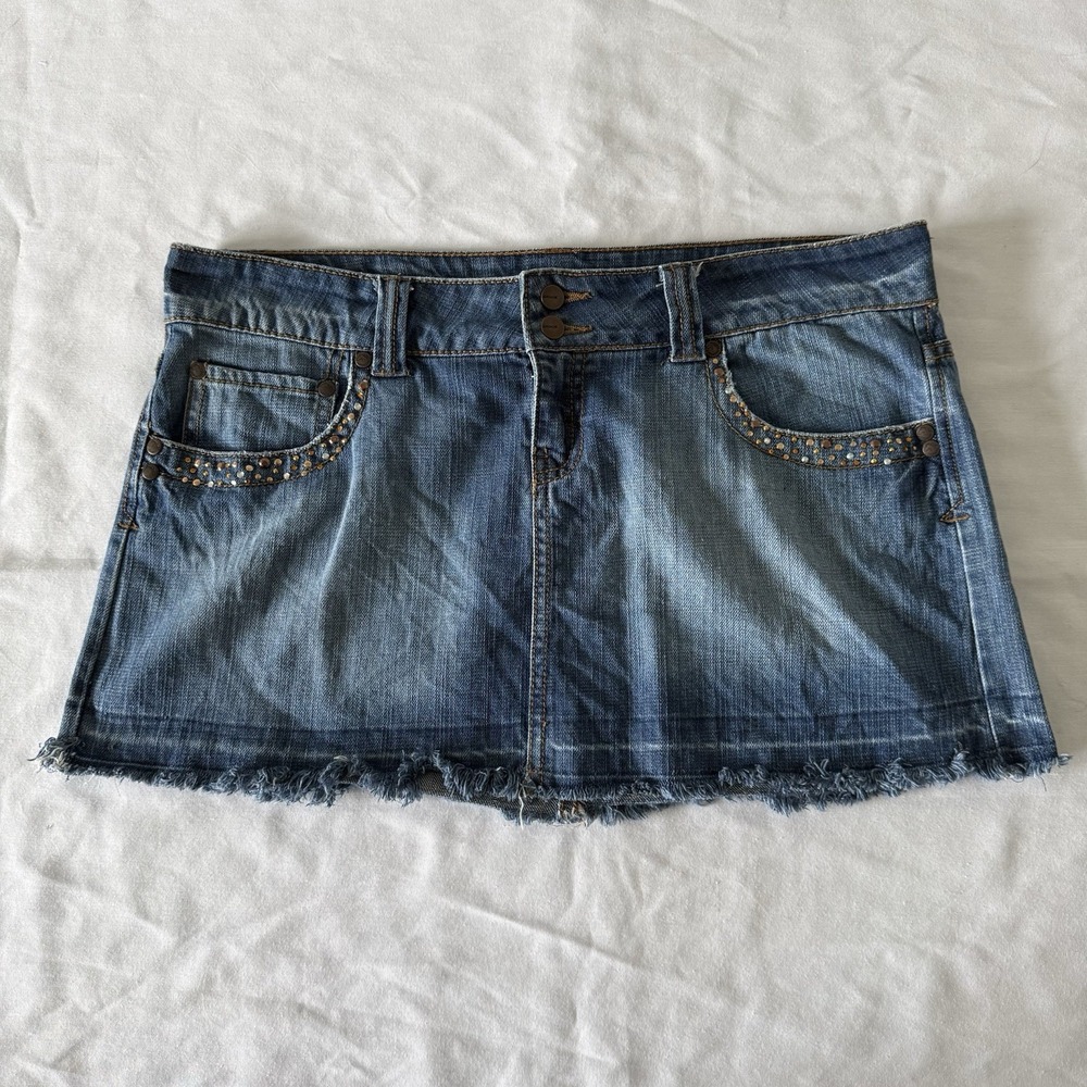 Y2K Jordache Mini Denim Skirt Micro Bling Rhinestone Raw Hem Bratz Size 11/12